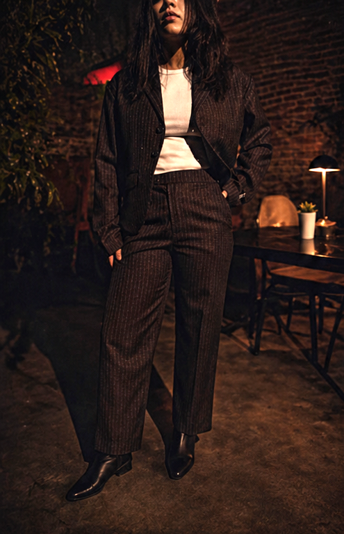 Women Espresso Pinstripe Set — Cropped Jacket & Baggy Trousers