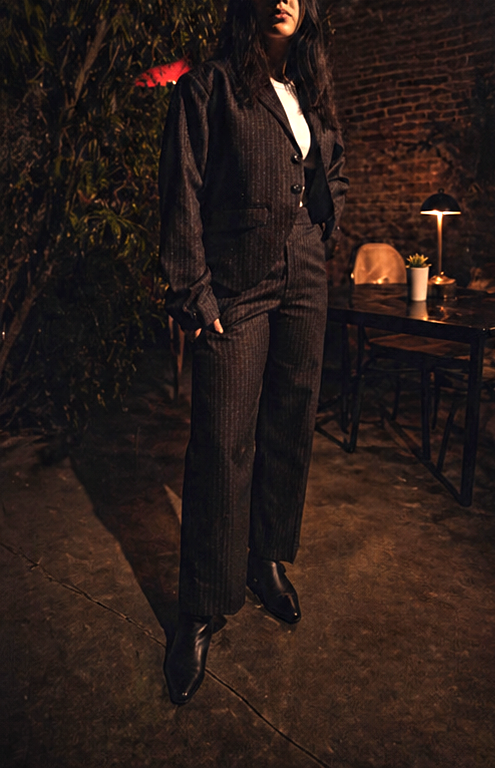 Women Espresso Pinstripe Set — Cropped Jacket & Baggy Trousers